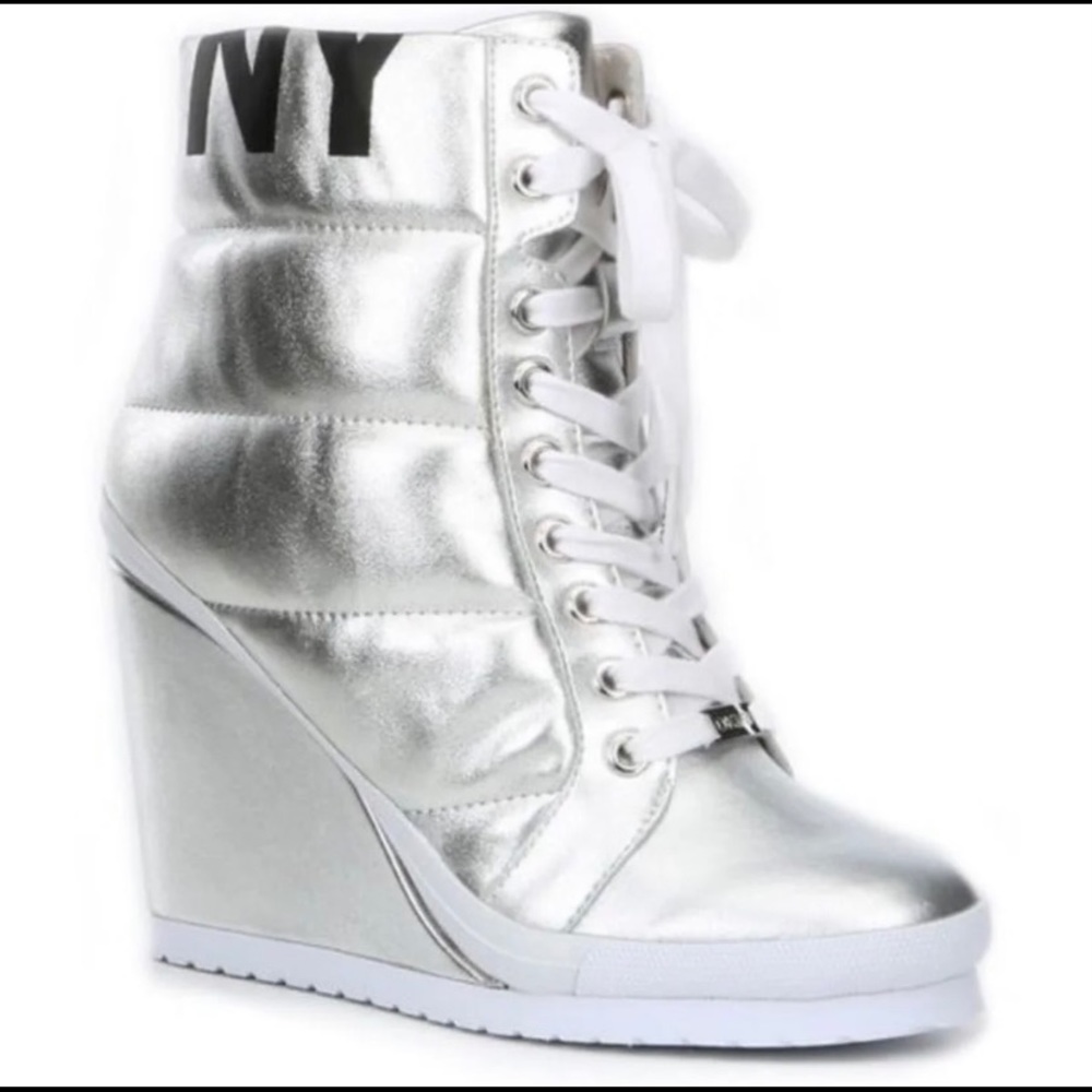 DKNY NOHO Wedge Sneaker. Metallic Silver